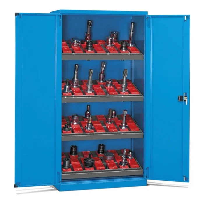 Armario de herramientas CNC Fami PERFOM, 4 baldas, 2.000 x 1.023 x 726 mm (alto x ancho x fondo), 50 complementos para herramientas ISO 50, azul claro