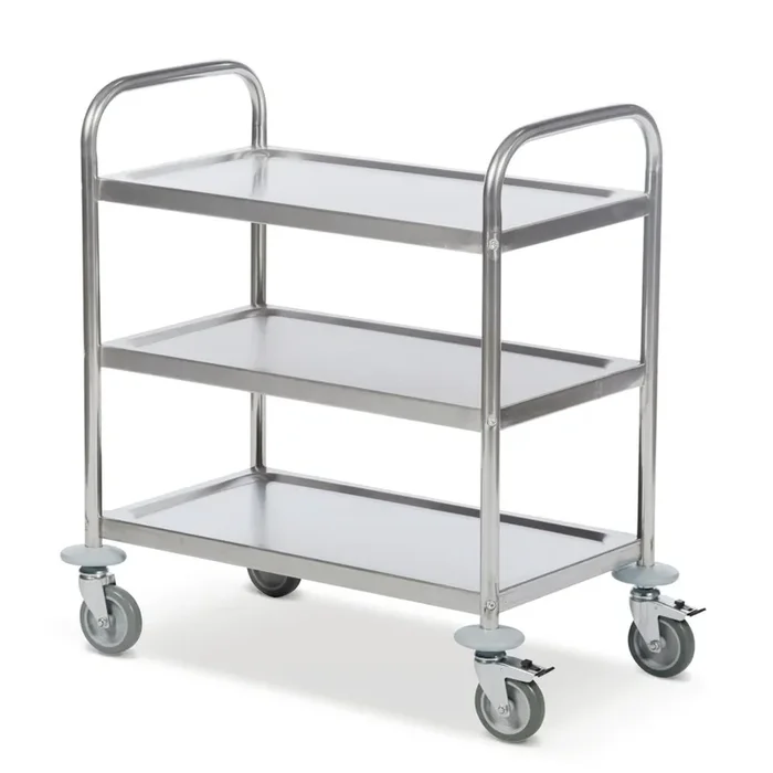 Carrito de servicio de acero inoxidable BASIC de tres estantes de 825 x 500 mm