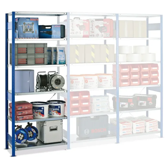 Estantería de cargas pequeñas SCHULTE azul genciana/galvanizada con 6 estantes de chapa de acero, carga por estante 150 kg, HxAxF 2.000 x 1.360 x 436 mm