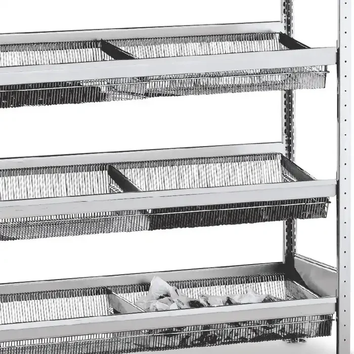estantería de cargas pequeñas SCHULTE con cestas de malla cerrada, módulo inicial, alto x H x An x F 2.500 x 2.000 x 400 mm, carga por estante 400 kg