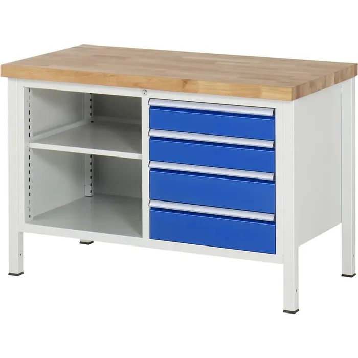 Estructura banco de trabajo RAU, H x A x F 1.130 x 1.250 x 350 mm, con 1 estante elevado, 1 guía de soporte y 1 soporte de pantalla plana, kit completo 03 para anchura de productos de 1.250 mm