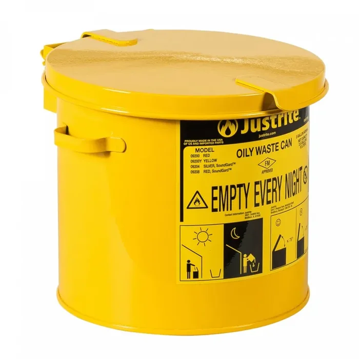 Justrite – Recipiente colector manual para banco de trabajo (8 L), color amarillo