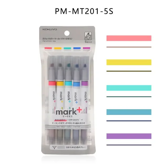 Kokuyo – Set 5 Marcadores Punta Doble – Gris – Mark+