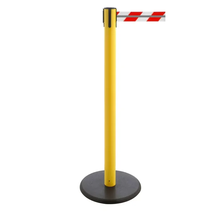 Poste para acordonar con cinta GLA 28-E REFLECTO, de RS-GUIDESYSTEMS®, longitud 3,5 m, anchura 50 mm, Poste amarillo, cinta roja/blanca