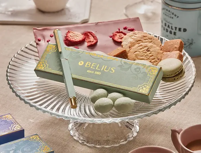 Profesional Boligrafo belius macaron bliss forma hexagonal color verde dorado tinta azul caja de diseño