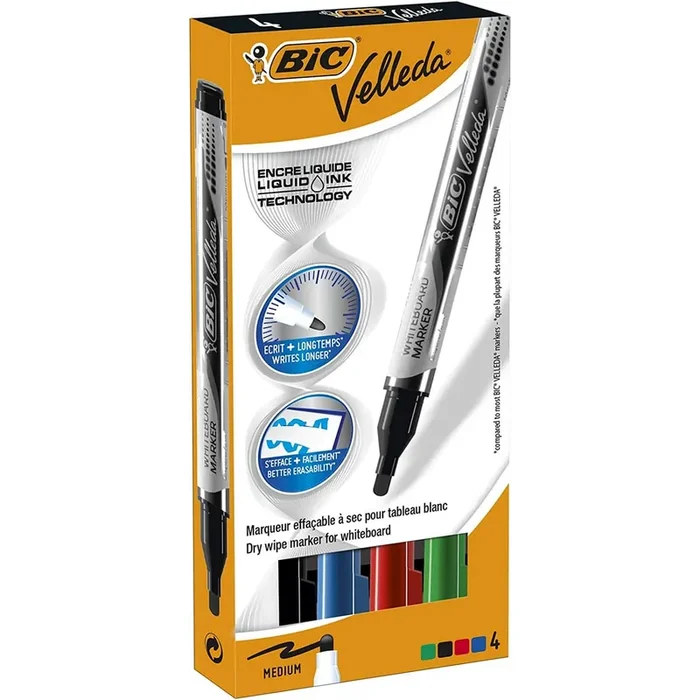 Rotuladores Pizarra BIC VELLEDA Tinta Líquida Pocket, Pack x4 Colores Básicos Hecho A Mano