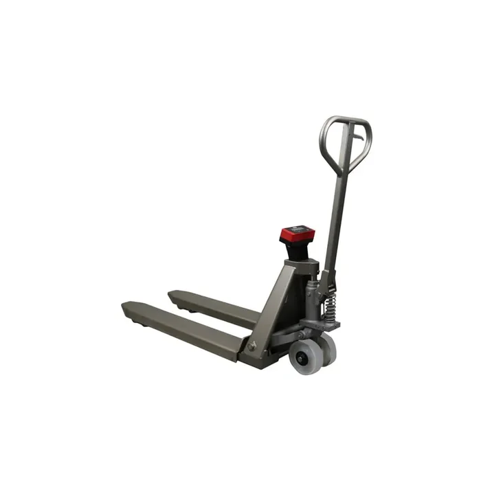 Transpaleta Ravas de acero inoxidable con báscula INOX, capacidad de carga 2.000 kg, LH 1.150 mm, poliamida, rodillos tándem